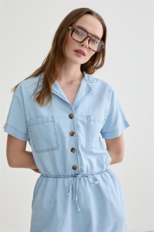 Kısa Kollu Cep Detaylı Uzun Kot Tulum BLUE