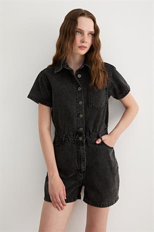 Kısa Kollu Düğmeli Şort Tulum BLACK