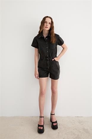 Kısa Kollu Düğmeli Şort Tulum BLACK