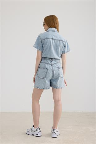 Kısa Kollu Düğmeli Şort Tulum BLUE