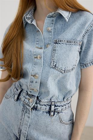 Kısa Kollu Düğmeli Şort Tulum BLUE