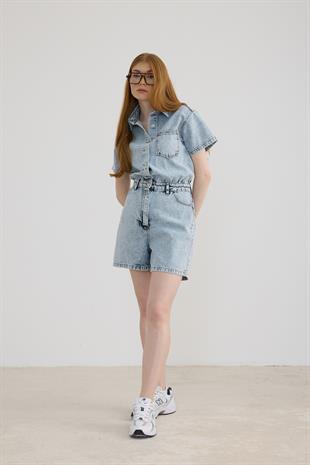 Kısa Kollu Düğmeli Şort Tulum BLUE