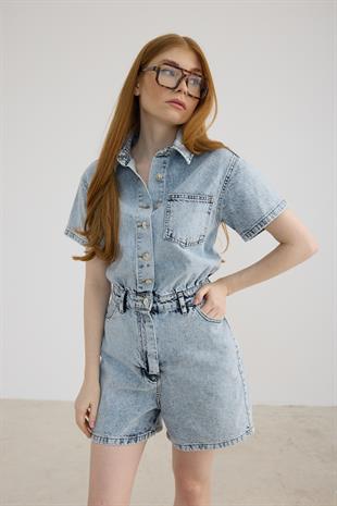 Kısa Kollu Düğmeli Şort Tulum BLUE