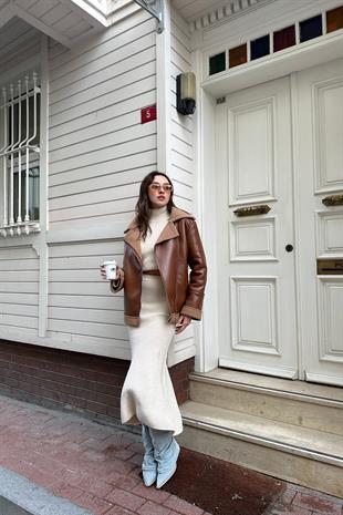 Curly Laminated Faux Leather Womens Coat BROWN