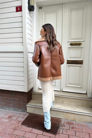 Curly Laminated Faux Leather Womens Coat BROWN