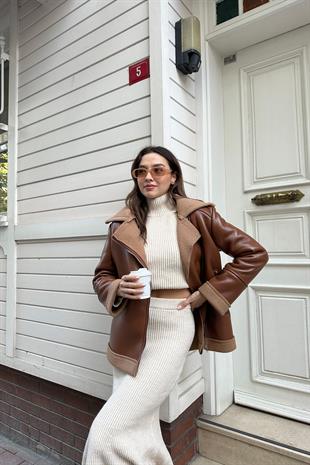 Curly Laminated Faux Leather Womens Coat BROWN