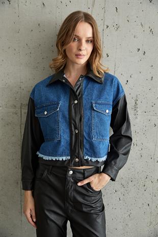 Kol Deri Detaylı Çıt Çıtlı Kot Ceket SİYAH