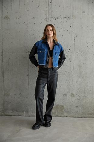 Kol Deri Detaylı Çıt Çıtlı Kot Ceket SİYAH