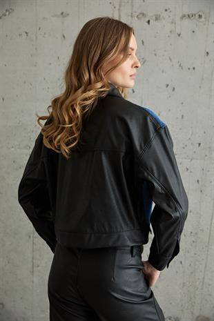 Kol Deri Detaylı Çıt Çıtlı Kot Ceket SİYAH