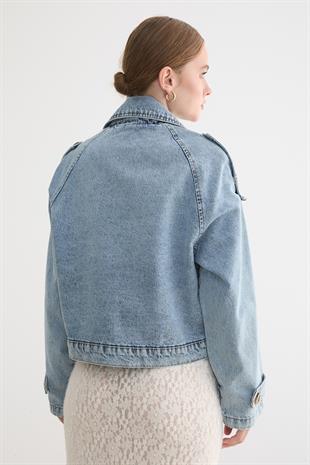 Kol Detayları Düğmeli Trençkot BLUE