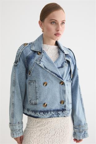 Kol Detayları Düğmeli Trençkot BLUE