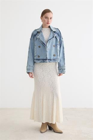 Kol Detayları Düğmeli Trençkot BLUE