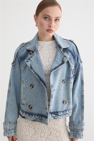 Kol Detayları Düğmeli Trençkot BLUE