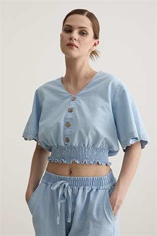 Kol Nakış Detaylı Gipeli Bluz BUZ MAVİ