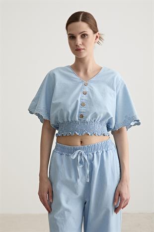 Kol Nakış Detaylı Gipeli Bluz BUZ MAVİ