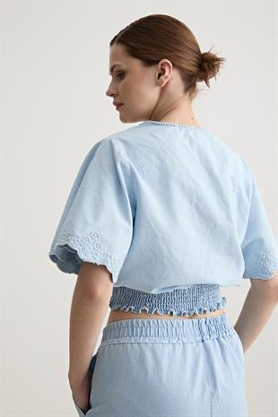 Kol Nakış Detaylı Gipeli Bluz BUZ MAVİ