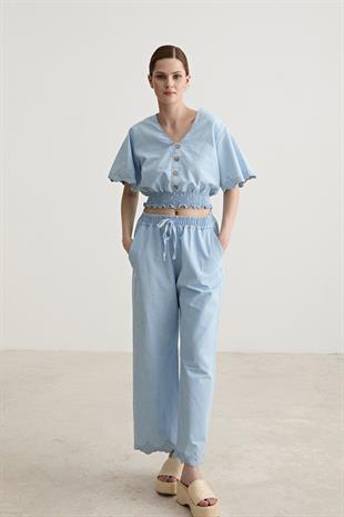 Kol Nakış Detaylı Gipeli Bluz BUZ MAVİ