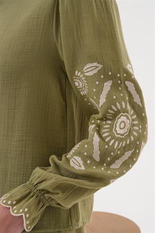 Kol Nakış Detaylı Önü Düğmeli Gömlek HAKİ