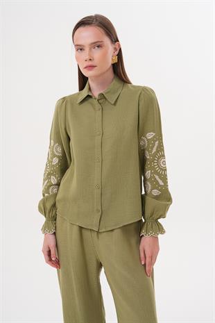 Kol Nakış Detaylı Önü Düğmeli Gömlek HAKİ