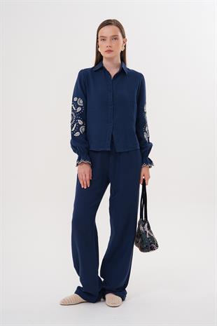 Kol Nakış Detaylı Önü Düğmeli Gömlek LACİVERT