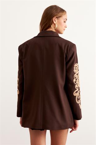 Kol Nakış Detaylı Vatkalı Ceket KAHVERENGİ