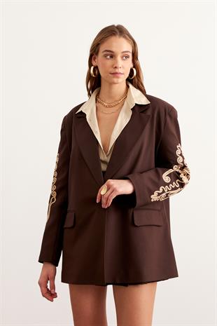 Kol Nakış Detaylı Vatkalı Ceket KAHVERENGİ