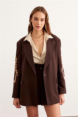 Kol Nakış Detaylı Vatkalı Ceket KAHVERENGİ