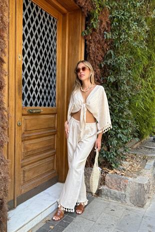 Kol Püskül Detaylı Önü Bağlamalı Bluz TAŞ