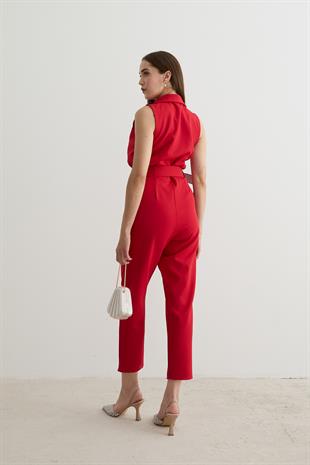 Kolsuz V Yaka Kemer Detaylı Tulum KIRMIZI