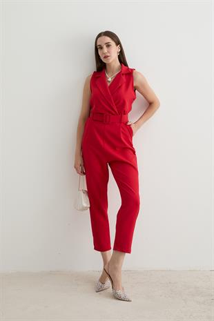 Kolsuz V Yaka Kemer Detaylı Tulum KIRMIZI