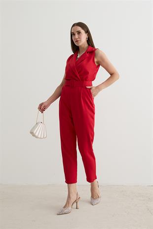 Kolsuz V Yaka Kemer Detaylı Tulum KIRMIZI