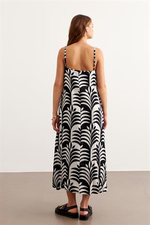 Kolu Askılı Desenli Uzun Elbise SİYAH-BEYAZ