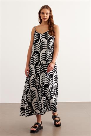 Kolu Askılı Desenli Uzun Elbise SİYAH-BEYAZ