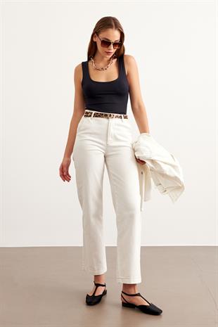 Leopar Kemer Detaylı Gabardin Pantolon EKRU