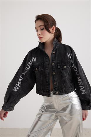 Yazı Detaylı Kadın Kot Ceket BLACK