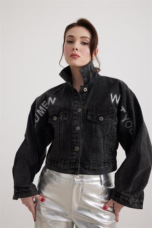 Yazı Detaylı Kadın Kot Ceket BLACK
