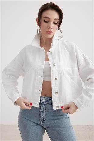 Kadın Geniş Cep Detaylı Kot Ceket BEYAZ