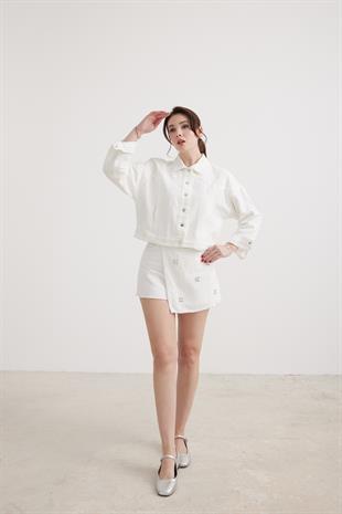 Snap Detail Womens Denim Jacket WHITE