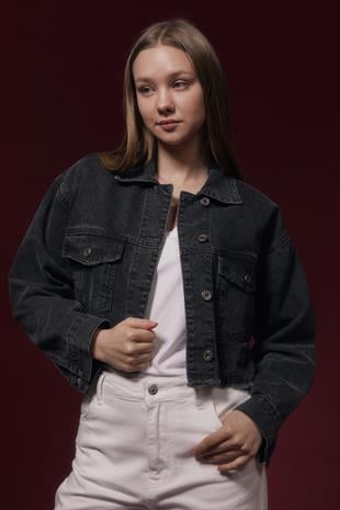 Yazı Detaylı Crop Kadın Kot Ceket BLACK