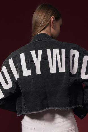 Yazı Detaylı Crop Kadın Kot Ceket BLACK