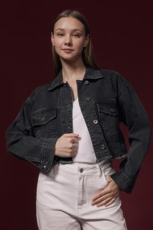 Yazı Detaylı Crop Kadın Kot Ceket BLACK