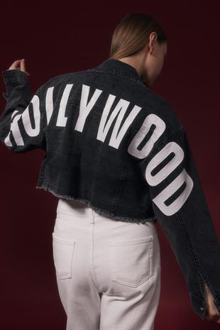 Yazı Detaylı Crop Kadın Kot Ceket BLACK