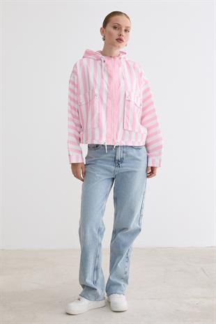 Marine Çizgili Kapüşonlu Ceket PEMBE ÇİZGİLİ