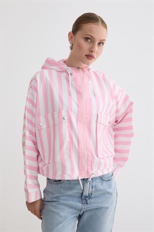Marine Çizgili Kapüşonlu Ceket PEMBE ÇİZGİLİ