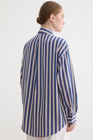 Metalize Düğme Detaylı Çizgili Gömlek LACİVERT