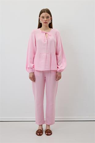 Müslin Salaş Bel Lastikli Kadın Pantolon PEMBE