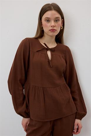 Müslin Salaş Bel Lastikli Kadın Pantolon KAHVE