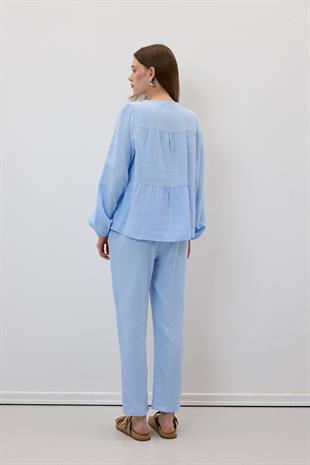 Müslin Salaş Bel Lastikli Kadın Pantolon MAVİ
