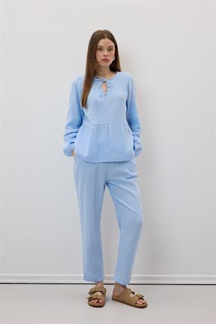 Müslin Salaş Bel Lastikli Kadın Pantolon MAVİ