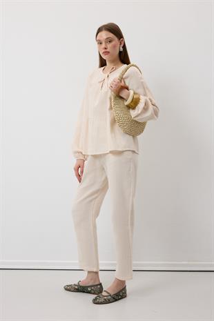 Müslin Salaş Bel Lastikli Kadın Pantolon TAŞ